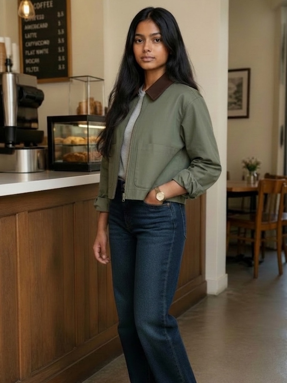 Cropped Olive Green Utility Jacket Lucky  Brand Corduroy Collar Zipped S